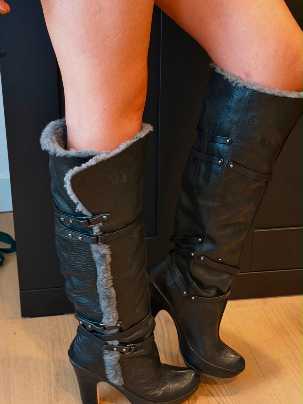 BCBGMaxAzria Black Tall Leather Shearling-Trim Heeled Boots - Picture 3 of 9